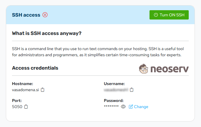 My NEOSERV - SSH Activation My NEOSERV - SSH Activation