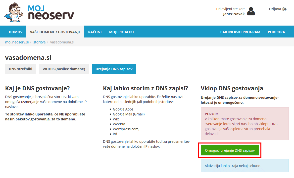 Moj NEOSERV - Omogoči urejanje DNS zapisov