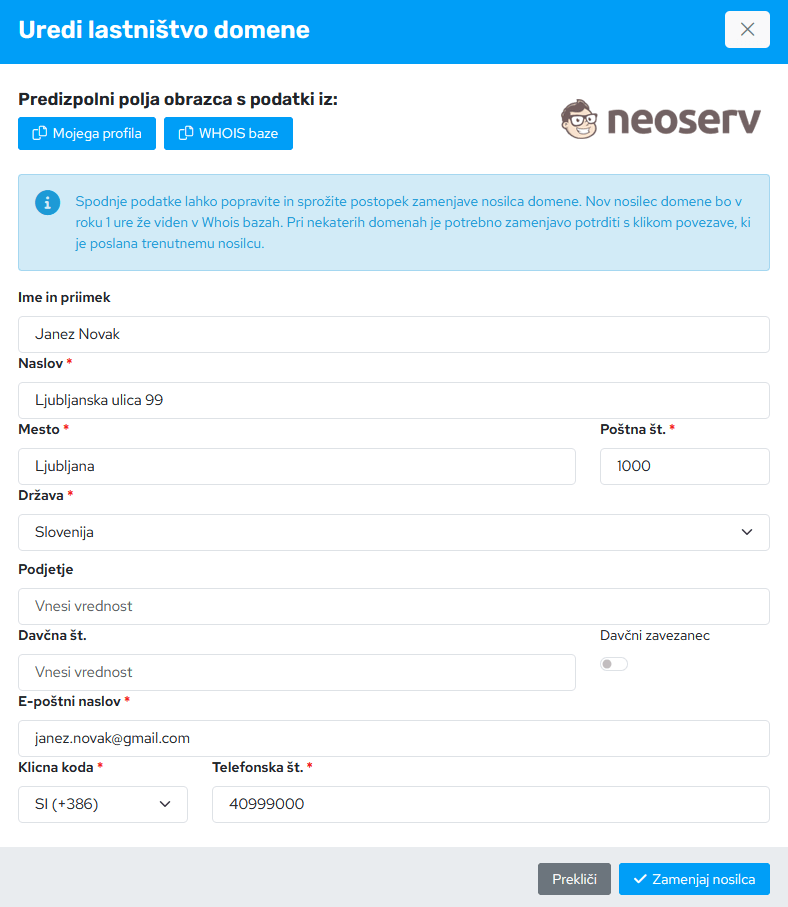 Moj NEOSERV - urejanje lastništva domene Moj NEOSERV - urejanje lastništva domene