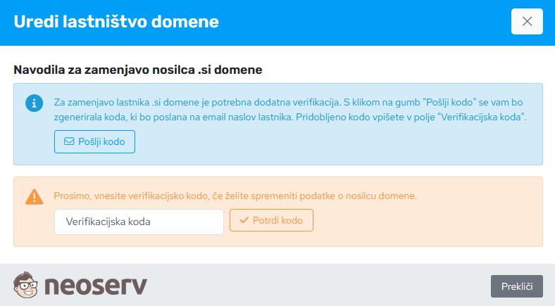 Moj NEOSERV - verifikacija ob zamenjavi nosilca .si domene Moj NEOSERV - verifikacija ob zamenjavi nosilca .si domene