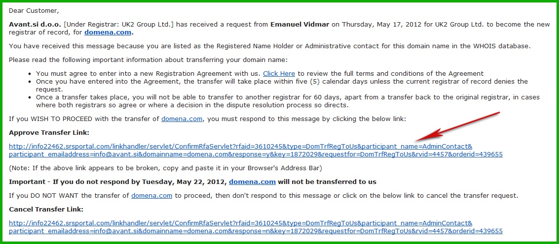 Povezava za potrditev prenosa domene Povezava za potrditev prenosa domene