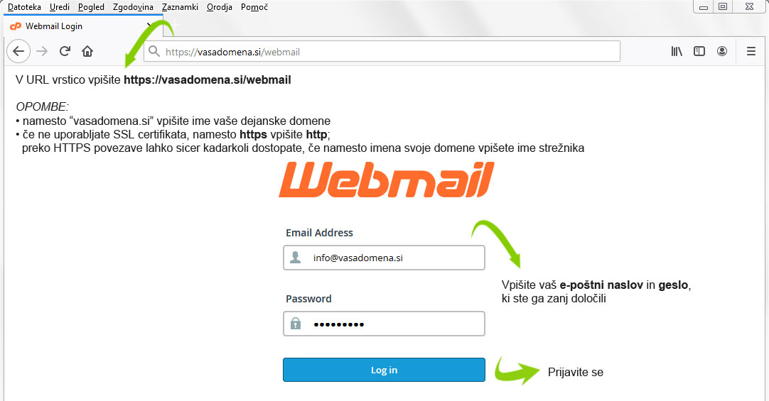 Prijavno okno Webmail