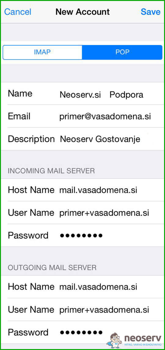 iPhone - Email nastavitve strežnika