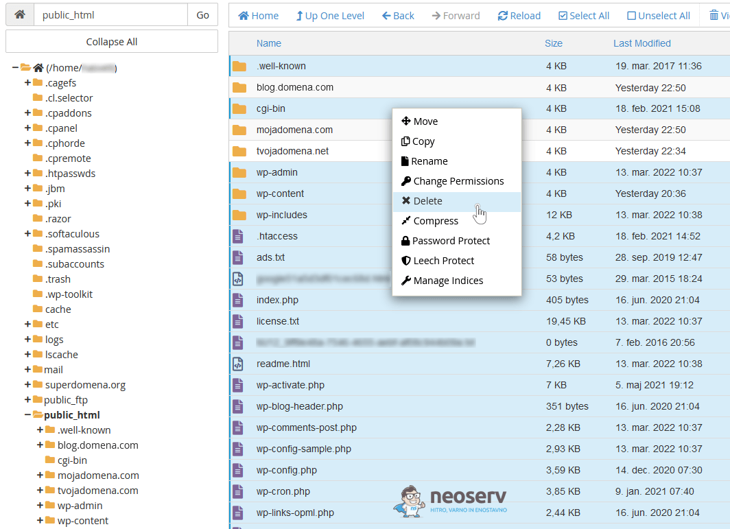 cPanel - File Manager - Izbris datotek in map