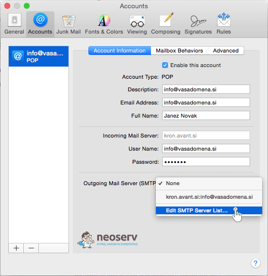 Mac mail - nastavitev smtp seznama