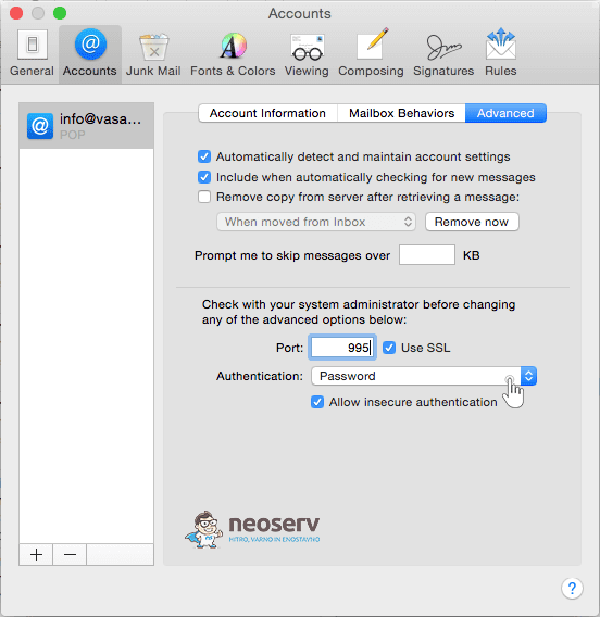 Mac mail - napredne nastavitve vrat