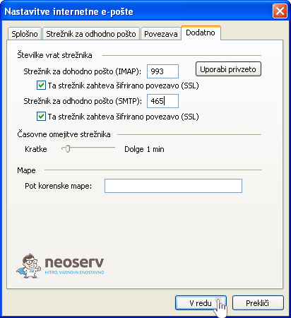 Outlook 2003 imap z ssl - nastavitve vrat (portov)