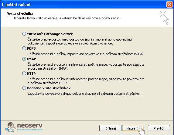 Outlook 2003 imap brez ssl - izberi protokol