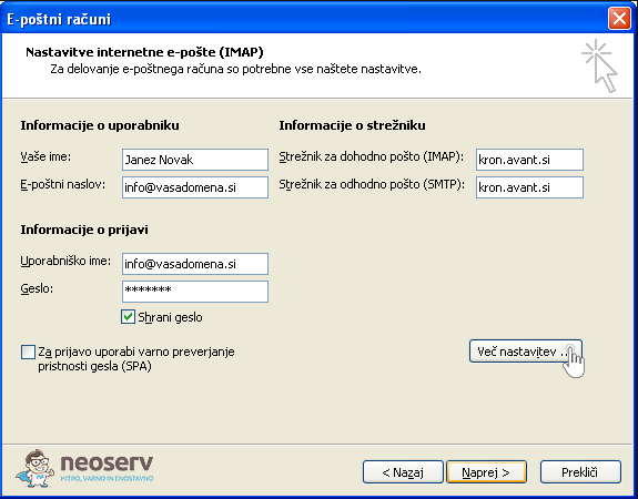 Outlook 2003 imap brez ssl - splošne nastavitve