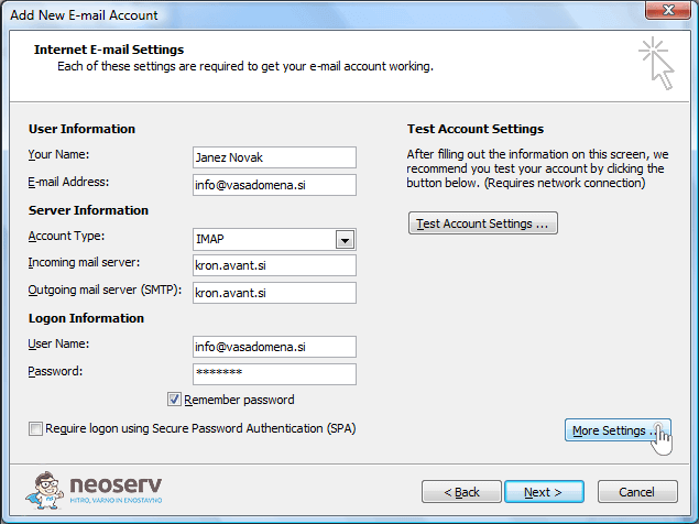 Outlook 2007 imap with ssl - nastavitve strežnika