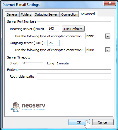 Outlook 2007 imap without ssl - nastavitve vrat