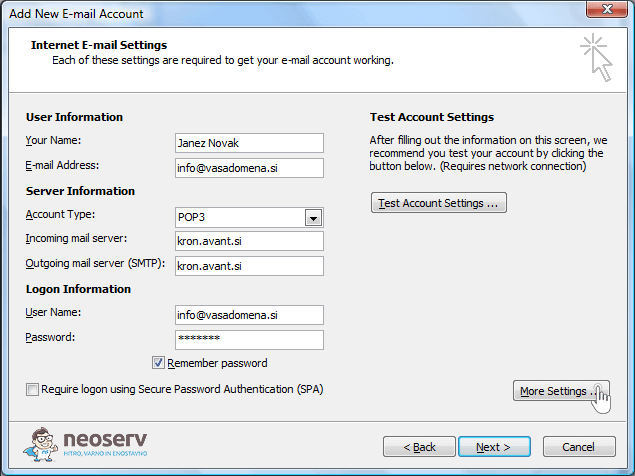 Outlook 2007 pop3 with ssl - nastavitve strežnika