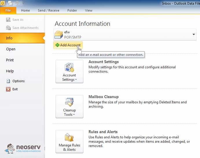 Outlook 2010 slo pop brez ssl - dodajanje računa