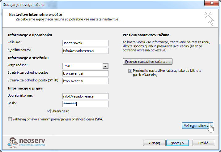 Outlook 2010 imap ssl - nastavitve strežnika