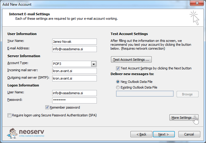 Outlook 2010 slo pop brez ssl - nastavitve strežnika
