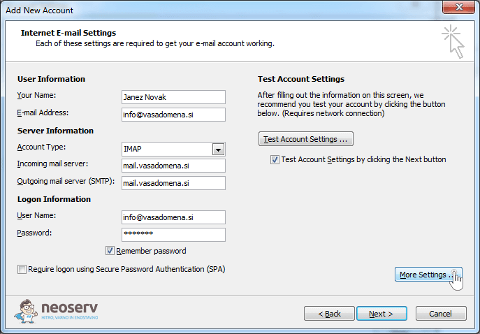 Outlook 2010 - imap - no ssl - nastavitve strežnika