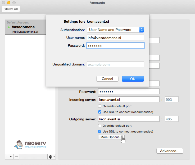 Outlook Mac 2015 imap with ssl - nastavitve uporabnika