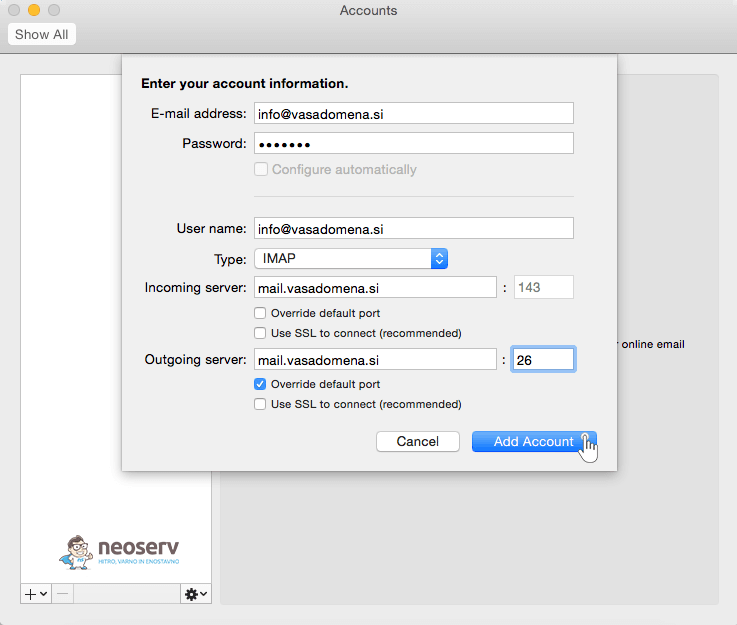 Outlook Mac 2015 imap without ssl - nastavitve strežnika