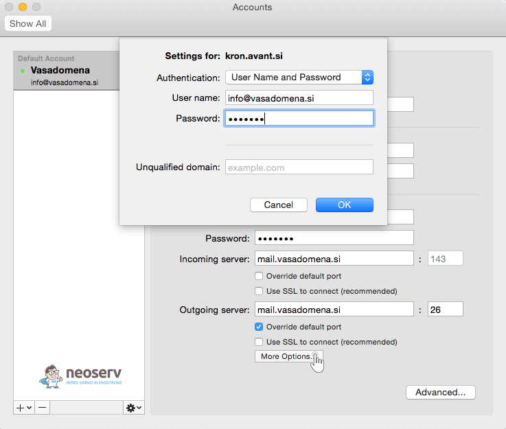 Outlook Mac 2015 imap without ssl - nastavitve uporabnika