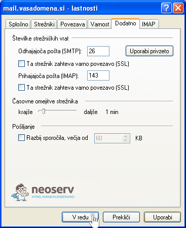 Outlook express imap brez ssl - nastavitve strežnika