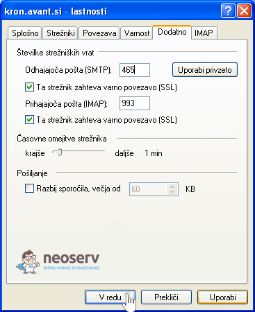 Outlook Express imap z ssl - nastavitve portov