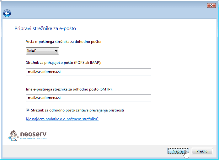 Windows Mail 6 imap brez ssl - nastavitve strežnika