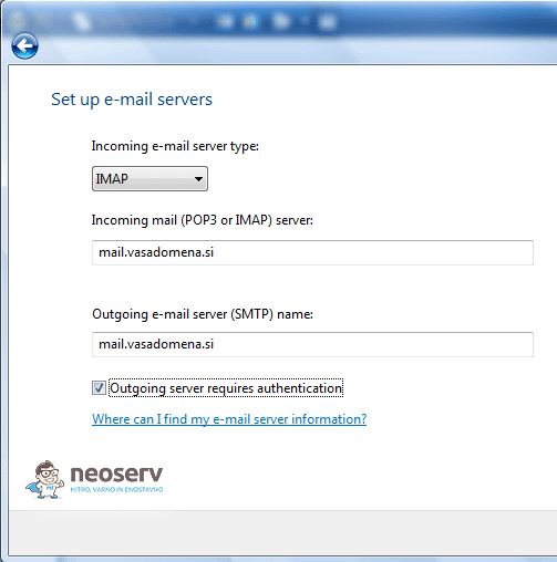 Windows mail 6 en - nastavitve strežnika