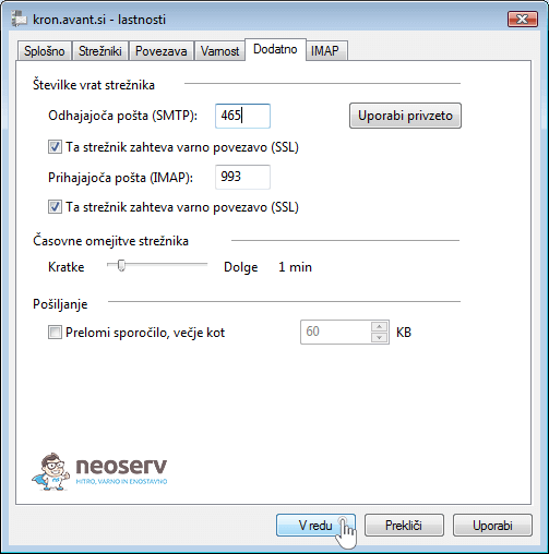 Windows mail 6 imap z ssl slo - nastavitve vrat