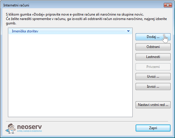Windows mail 6 slo - dodajanje uporabniškega računa