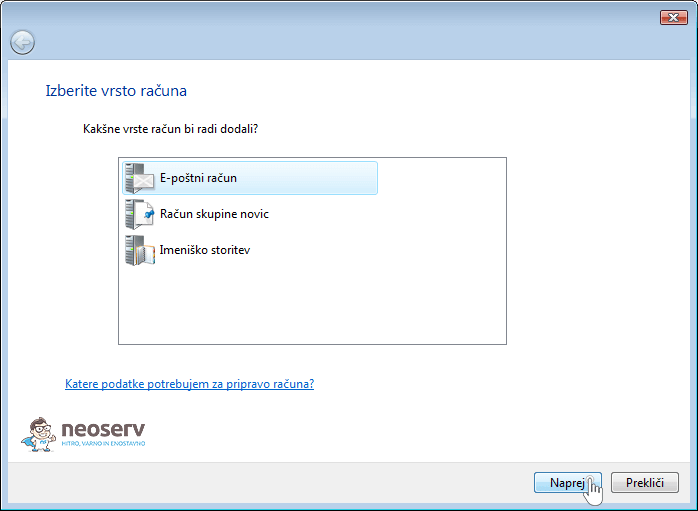 Windows mail 6 slo - dodaj poštni račun