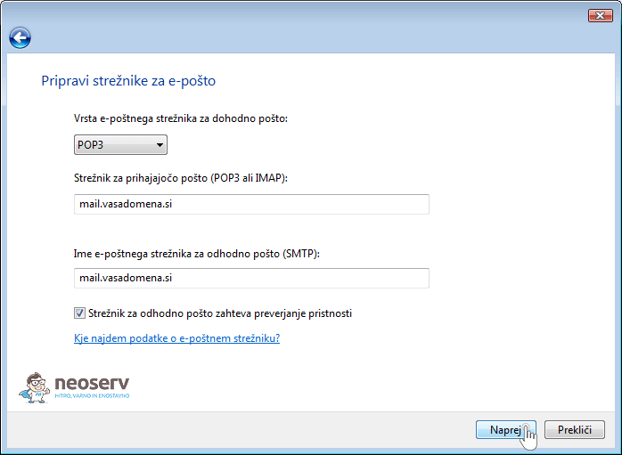 Windows mail 6 slo pop brez ssl- nastavitve strežnika