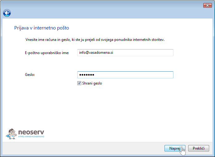 Windows mail 6 slo - uporabniški podatki o računu