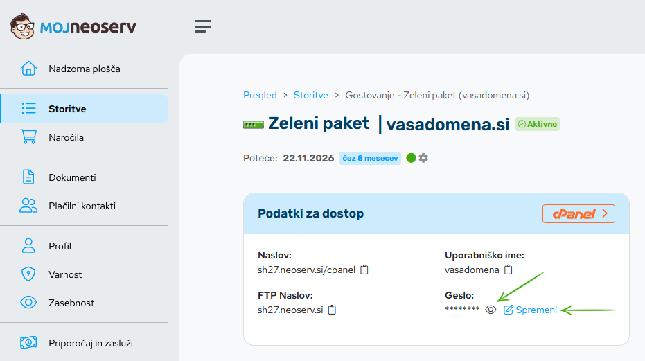 Moj NEOSERV - geslo za prijavo v cPanel Moj NEOSERV - geslo za prijavo v cPanel