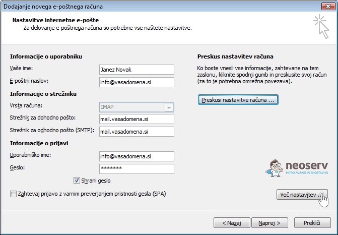 Outlook 2007 slo imal z ssl - nastavitve strežnika