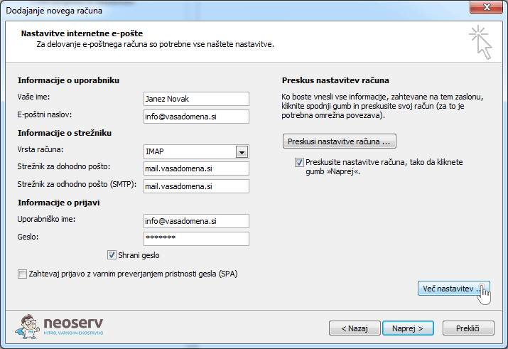 Outlook 2010 slo imap no ssl - nastavitve strežnika