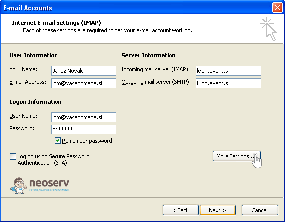 Outlook 2003 (ang) - Dodatne nastavitve