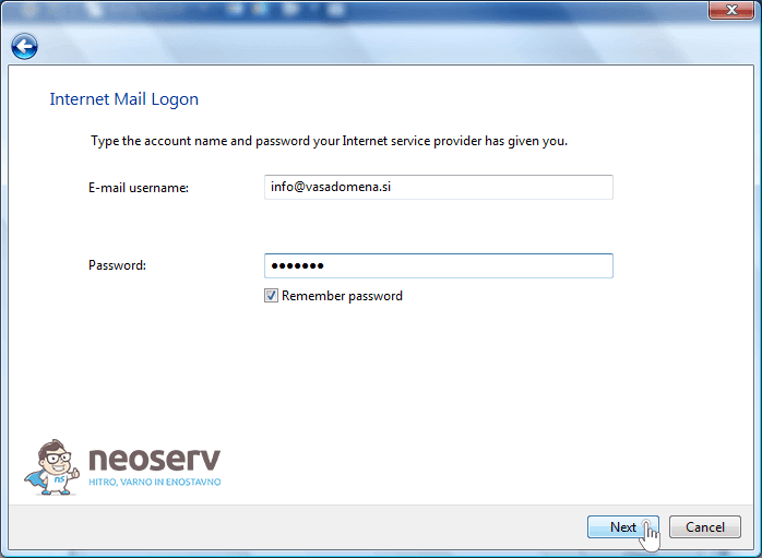 Windows Mail 6 en - podatki o računu