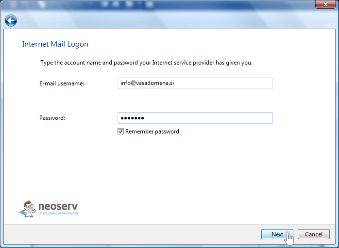 Windows Mail 6 en - informacije o e-mail računu