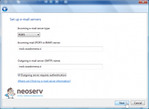 Windows Mail 6 en pop nossl - informacije o strežniku