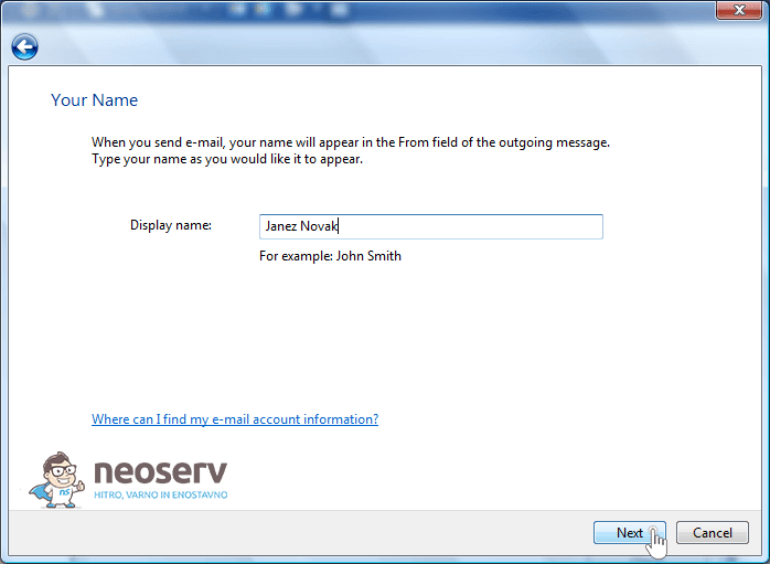Windows Mail 6 en - prikazno ime