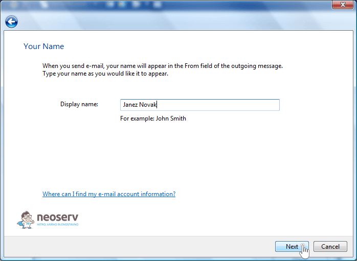 Windows Mail 6 en - vpišite ime