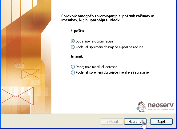 Outlook 2003 - dodajanje novega poštnega računa