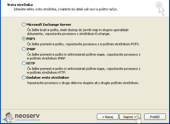 Outlook 2003 - izberi POP3