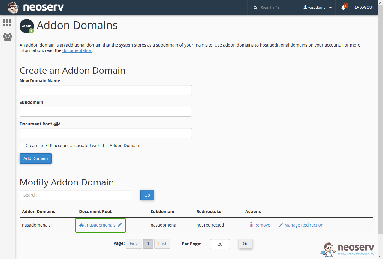 Addon Domains - pot do datotek