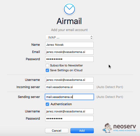 Airmail - dodajanje e-poštnega računa