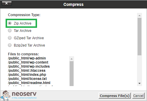 File Manager - Compress - Zip Archive Compression Type