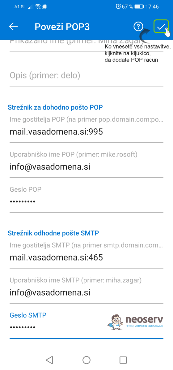 Outlook Android - dodatne nastavitve POP