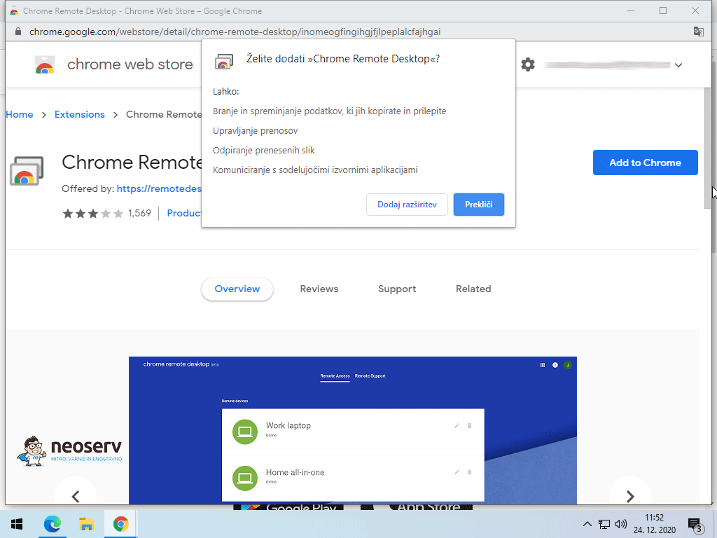 Chrome Remote Desktop - potrdi namestitev