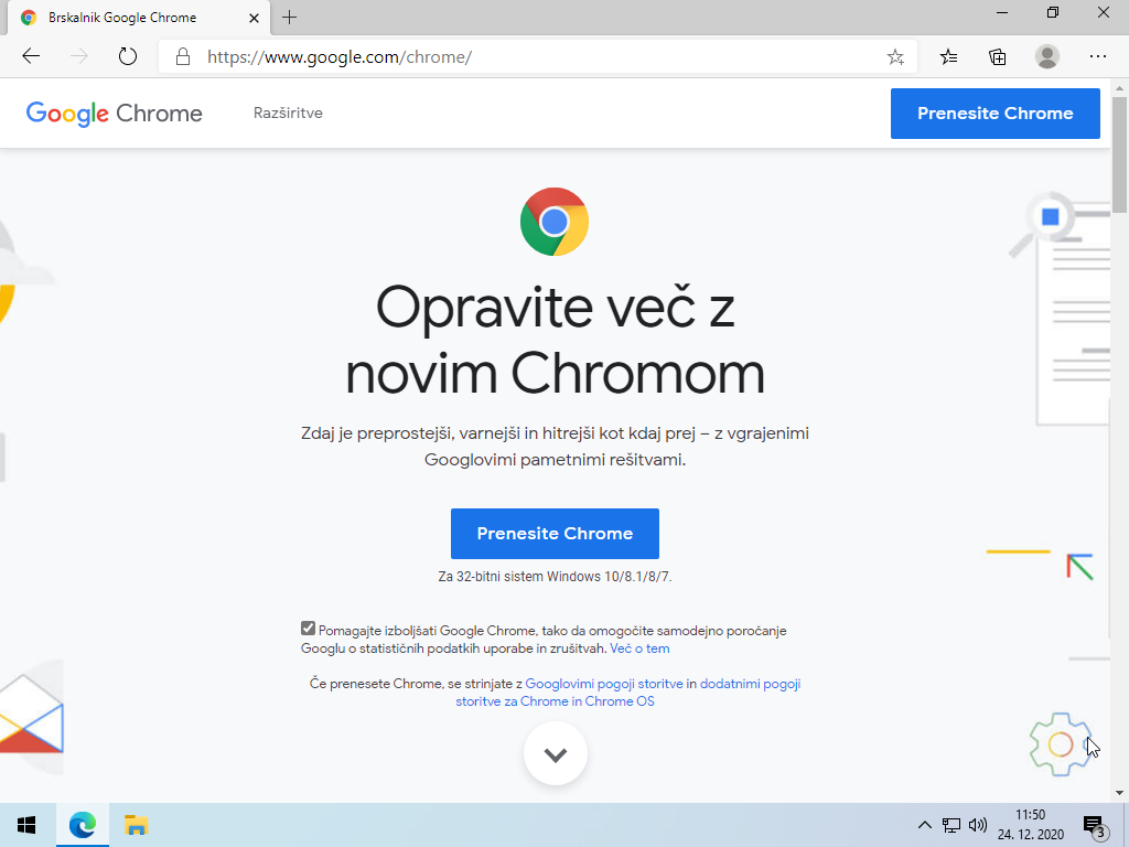 Namestitev brskalnika Google Chrome - domača stran