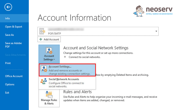 Outlook - Nastavitve računa (Account Settings)